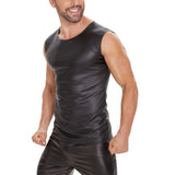 Fongt Men's Sexy Matte Leather Vest Bright Leather Sleeveless T-Shirt Size Accurate No Smell-Outfit