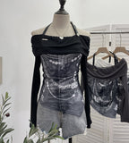 Vintage Print Shoulder Irregular Long-Sleeved T-Shirt Hanging Neck Slim Thin Short Bottom Top