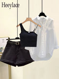 Women Summer Shorts Sets Streetwear Slash Neck Vest+white Sunscreen Blouse+denim Shorts 3 Pieces Set For Women Outfits 2022