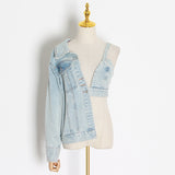 Patchwork Asymmetrical Denim Coat Women Long Sleeve Off Shoulder V Neck Sexy Denim Tops Female Fashion 2020