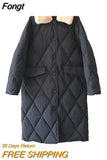 Collar Oversize Rhombus Pattern Long Parkas Pocket Female Warm Long Cotton Overcoat Single