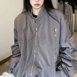 Fongt Vintage Multi-Zipper Work Jacket Female Popular Logo Loose Harajuku Style Baseball Uniform Versatile Jacket-Outfit