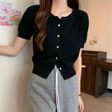 Fongt Kong Flavor Retro Round-Neck Short-Sleeved Knitted Shirt Girls Summer Thin Design Slim Short Thin Open Shirt Top