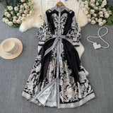 Fongt Retro High-End Lantern Long-Sleeved Print Dress Female Light Luxury Elegant Single Buckle Waist Swing Dress