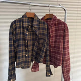Fongt Plaid Shirt Coat Women Loose Long Sleeve Folding Design Sense Retro Casual Checker Shirt Blouse