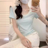 Aesthetic Lace Trim Short Sleeve Bow Tee-Outfit