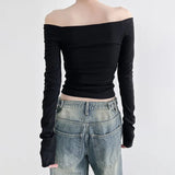 Style Basic Simple Solid Color T-Shirt With Bare Shoulder And Bottom 2023 New Temperament Age-Reducing