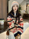 Reindeer Zipper Collar Printed Knitted Cardigan-Outfit