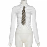 Fongt 2023 New Women's Solid Color Slim Crop Fashion Irregular Lapel Shirt-Outfit