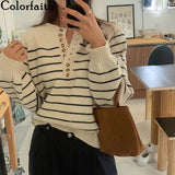 New 2021 Winter Spring Women Sweater Knitted Oversized Wild Striped Fashionable Vintage Pullovers Wild Tops