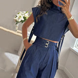 Fongt 2025 New Solid Color Flying Sleeve Drifting With Short Tops To Wear Straight Trousers Set