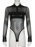 PU Patchwork Bodysuit Mesh Butterfly Print Moto Biker Style Long Sleeve Body Tops Women Goth Punk Techwear Jumpsuit-Outfit