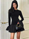 Ruffled Patchwork Long Sleeve Mini Dress-Outfit
