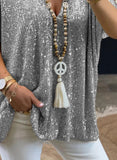 Regular Sleeve Sequined V-neck Loose-fitting T-shirt