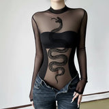 Fongt Velvet Snake-Print Sexy Perspective Mesh Yarn Laming Small Babes Half-High Collar Elastic Long-Sleeved Top