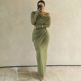 Draped Off-Shoulder Long Sleeve Top And Maxi Skirt Set-Outfit