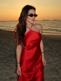 Red Satin Halter Maxi Dress-Outfit
