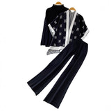 Fongt Ocean Gas Three-Piece Loose Wind Letter Embroidered Cardigan Jacket Bottom High Collar Knitting Tops Broad Legs