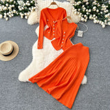 Fongt Fragrant Style Wears Women's Three-Piece Set Of Sleeveless Vest Metal Buckle Long-Sleeved Knitted Skirt