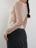 Sexy Women Lace Long Sleeve Crop Tees Tops Off-Shoulder Casual Pullover for Club Streetwear Aesthetic Grunge T-shirts-Outfit