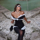 Black Lace Trim Off -Shoulder Bodysuit-Outfit