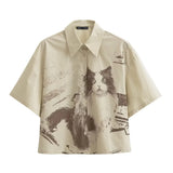 Fongt Summer New Women's Niche Fun Stamp Cotton Open Skirt Shirt UWU232055-Outfit