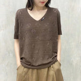 Fongt Summer Solid Color Loose Short-Sleeved Bottom Shirt Literary Casual Jacket V-Neck Knit T-Shirt Women-Outfit