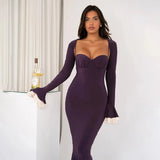 Solid Long Flared Two-piece Crop Sleeve Midi Dress-Outfit