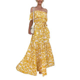 Fongt New Dress Women's One-Word Shoulder Short-Sleeved Printed Lotus Leafy