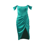 Fongt Women's Shoulder Strapless Fishbone Slim Slit Solid Color Fashion Sexy