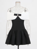 Fashion Temperament Dress Women 2025 Spring New Word Shoulder Black And White Colliding Design Design Sense Short