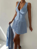 Solid V-neck Vest And Pleated Mini Skirt Set-Outfit