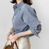 Fongt Version Of POL Collar Thin Striped Cotton Silk Shirt Woman 2025 New Broken Shoulder Long Sleeve Tuxedo