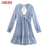 2021 Summer Women Blue Leopard Print Ruffles Dress Backless Long Sleeve Ladies Mini Dress Vestidos