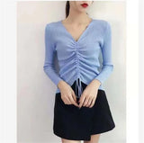 Sping V-neck Shirt Korean Long Sleeve Drawstring Knit Sweater