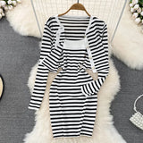 Women's Two piece set Stripe Slim Spaghetti Strap Dress Casual Versatile Knitted Set Spring Autumn-Outfit