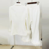 Fongt New Fashion Temperament Real Feather Ostrich Hairy Blazer Nine-Point Trouser Suit Two Sets