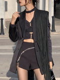 Korean Fashion Black Patchwork Tassels Blazer For Women Notched Collar Long Sleeve Solid Blazers Female Spring