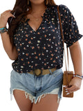 Fongt Plus-Size Women's Temperament Commuter Print V-Neck Short-Sleeved