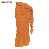 Puss Pleated Bandage Mid Skirt Women Sexy Oversized Elastic Side Split Summer Party Vacation Clubwear Beach Style