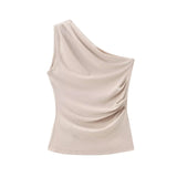 Fongt New Ribs Asymmetrical Neck Cover Stomach Sleeveless Vest Topess
