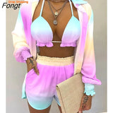 Women's Summer Suit Printed Lantern Sleeve Shirt Shorts 3pc Set Swimsui Women Bikini Set Women's Suit Women's