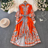 Fongt Retro High-End Lantern Long-Sleeved Print Dress Female Light Luxury Elegant Single Buckle Waist Swing Dress