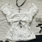 Lace Fungus Slim Fit Short Sleeve Tops Women+ Y2k High Waist Bow Patchwork Skirts 2024 Summer New Two Piece Sets-Outfit