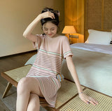 Fongt Summer New Striped Knitted Temperament Sexy Knitted Ice Silk Cover Head Short Sleeve Splicing Dress Woman