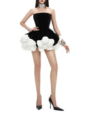 Black Strapless 3d Floral A-Line Mini Dress-Outfit