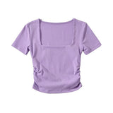 Trendy Women's T-Shirt Slim Style Square Collar Wrinkled Candy Color Short-Sleeved Elastic Blouse-Outfit