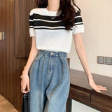 Short Sleeves Straight Shoulder T-Shirt Girl Summer Chic Vintage Unique Thin Bump Chic Short Striped Top
