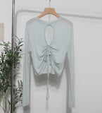 Han Shied Bare Back Drawstring Blouse Woman Summer Small Casual Wear Thin Hoodie Short-Sleeved T-Shirt