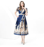 Fongt Court Dress Female Design Print Strap To The Waist Long French Bubble Sleeve Temperament Dress Dress Woman